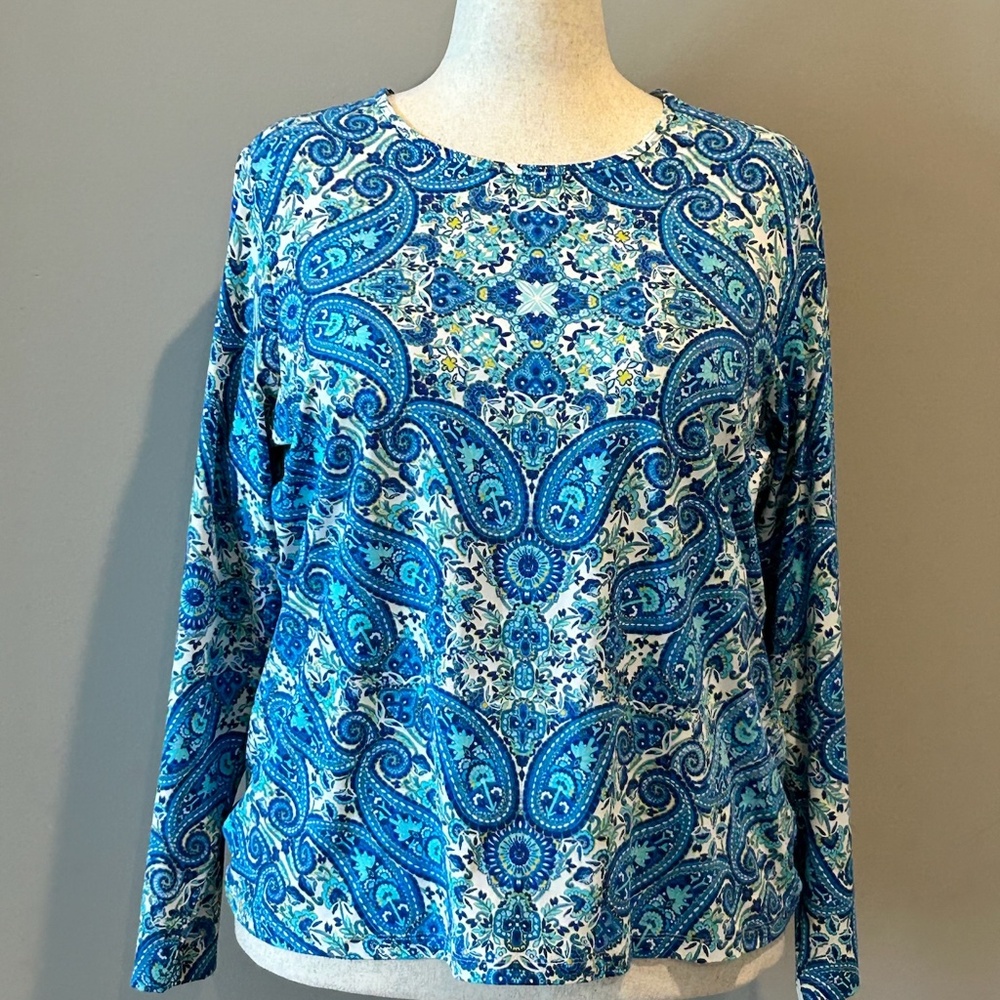Lands’ End Women's UPF 50 LS Rash Guard Swim Tee - Blue/Aqua Paisley - 1X